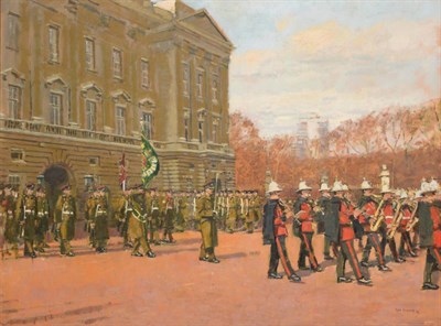 Lot 759 - Ken Howard (b.1932)  A military procession before Buckingham Palace Signed and dated (19)72, oil on