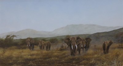 Lot 768 - Alan M. Hunt (b.1947) A herd of elephants moving through the bush Signed and dated 1983,...