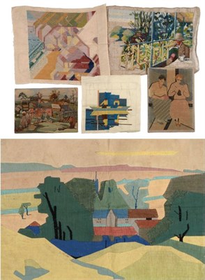 Lot 811 - Edith Lawrence (1890-1973)  Landscape with house and barns Appliqué picture using coloured cottons