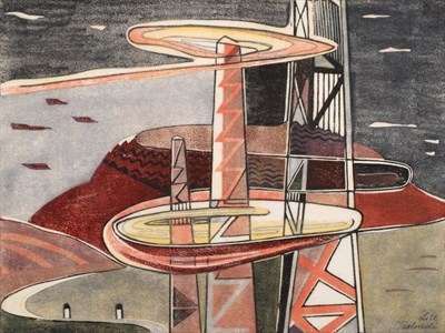 Lot 819 - Lill Tschudi (1911-2004) Swiss  "Radio Station ", 1954 Signed in pencil and inscribed, linocut...