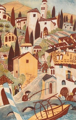 Lot 821 - Lill Tschudi (1911-2004) Swiss  "Morcote, Swiss Village ", 1948 Inscribed in pencil, linocut...