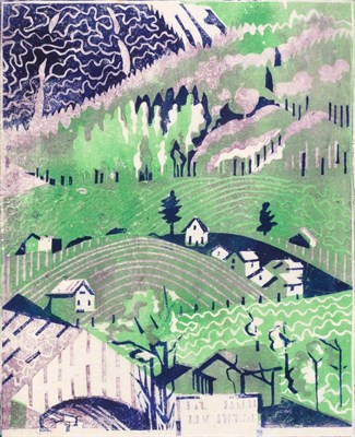 Lot 828 - Edith Lawrence (1890-1973) Houses on a Hillside  Linocut printed in colours, 30.5cm by 25cm