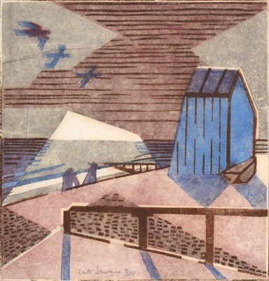 Lot 829 - Edith Lawrence (1890-1973)  "Dull Evening "  Signed in pencil, inscribed and numbered 8/50, linocut