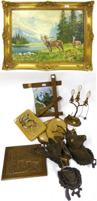 Lot 114 - A General Small Collection, of paintings, a lamp, coat hook, relating to deer and hunting (a/f)