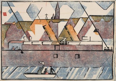 Lot 844 - Edith Lawrence (1890-1973) Figures in a rowing boat signalling to a large ship Linocut printed...