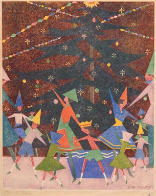 Lot 847 - C W Toovey (20th century)  "Christmas Party "  Inscribed in pencil and numbered 1/25, linocut...