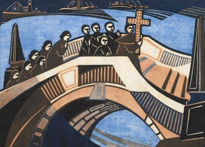 Lot 852 - Lill Tschudi (1911-2004) Swiss  "Le Dolenti, Venice " Signed in pencil and inscribed, linocut...