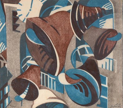 Lot 857 - Lill Tschudi (1911-2004) Swiss  "Bells ", 1937 Signed in pencil and numbered 6/50, linocut...