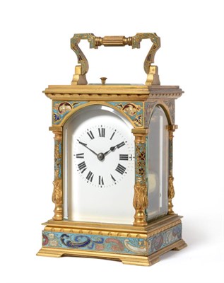 Lot 928 - A Brass Champleve Enamel Striking and Repeating Carriage Clock, circa 1910, carrying handle, repeat