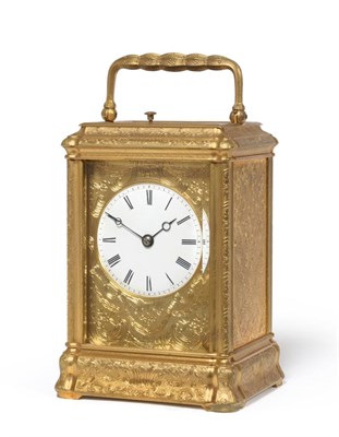 Lot 929 - A Brass Engraved Striking and Repeating Carriage Clock, circa 1880, elaborately scroll engraved...