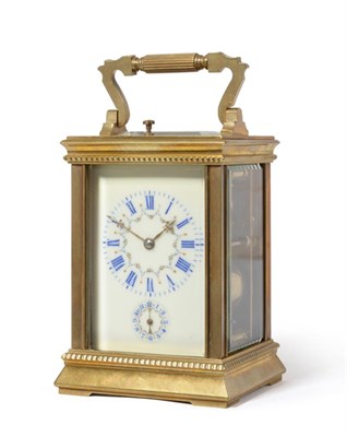 Lot 933 - A Brass Striking and Repeating Alarm Carriage Clock, circa 1900, carrying handle, repeat...