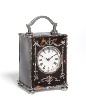 Lot 936 - A Small Tortoiseshell and Silver Mounted Carriage Timepiece, 1908, silver carrying handle, leaf...