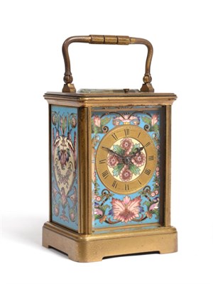 Lot 938 - A Brass Champleve Enamel Petite Sonnerie Repeating Carriage Clock, retailed by Howell & James...