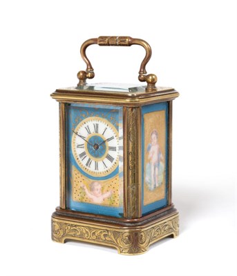 Lot 947 - A Miniature Brass and Porcelain Mounted Engraved Carriage Timepiece, circa 1890, carrying...