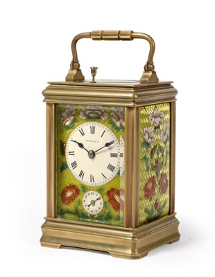 Lot 949 - A Fine Brass and Enamel Striking Repeating Alarm Carriage Clock, retailed by Tiffany & Co,...