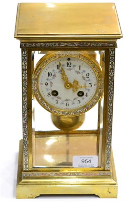 Lot 954 - A Brass and Champleve Enamel Four Glass Striking Mantel Clock, circa 1900, four bevelled glass...