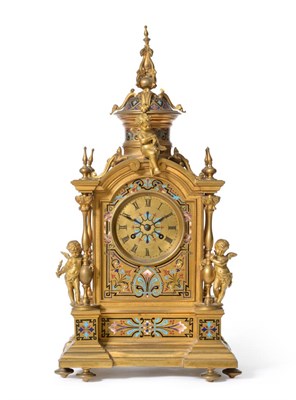 Lot 956 - An Ormolu and Champleve Enamel Striking Mantel Clock, circa 1880, spiral finial and turned finials