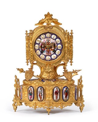 Lot 957 - A Gilt Metal and Porcelain Mounted Striking Mantel Clock, circa 1870,  the Gothic style case...