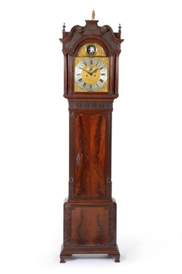 Lot 984 - A Mahogany Eight Day Longcase Clock, swan neck pediment with flower head capitals, fluted...