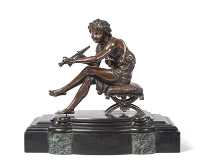 Lot 997 - French School (late 19th century): A Bronze Figure of a Faun, sitting on a stool wearing an...