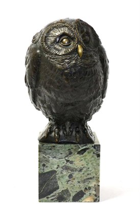 Lot 1007 - 20th Century School: A Bronze Study of a Seated Owl, on a green marble base, indistinctly...