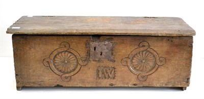 Lot 1064 - A 17th Century Oak Sword Chest, with hinged lid, of six plank construction with iron lockplate, the