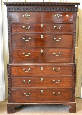 Lot 1076 - A George III Mahogany Chest on Chest, circa 1790, the dentil cornice above a blind fret carved...