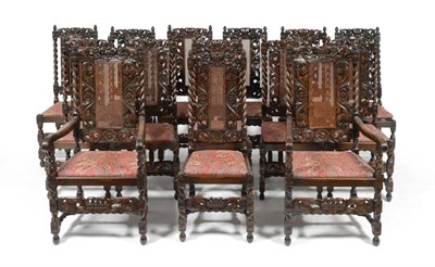 Lot 1173 - A Set of Fourteen Charles II Style Oak and Cane Back Dining Chairs, late 19th/early 20th...