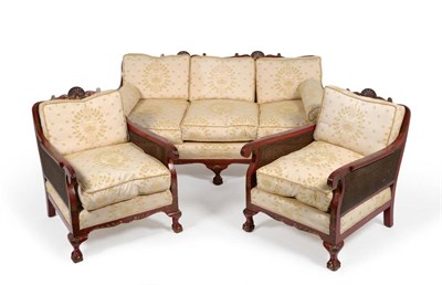 Lot 1175 - An Early 20th Century Japanned Three Piece Bergère Suite, decorated with Oriental figures in...