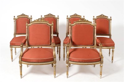 Lot 1183 - A Set of Six Louis XV Style Cream Painted and Parcel Gilt Chairs, late 19th century, comprising two