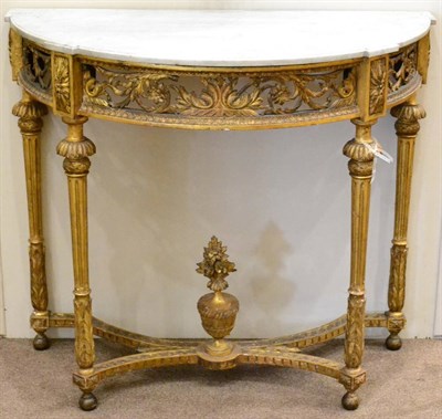 Lot 1188 - A George III Gilt and Gesso Demi-Lune Hall Table, late 18th century, the grey and white Carrera...