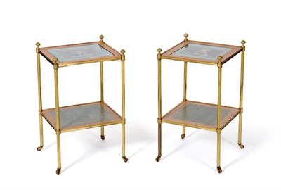 Lot 1193 - A Matched Pair of Mallett's Pietra Dura Two-Tier Occasional Tables, in brass and pink and blue...