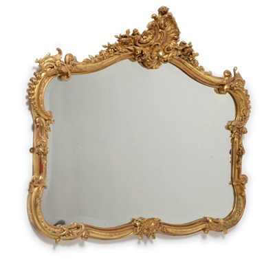 Lot 1197 - A Victorian Carved Giltwood and Gesso Overmantel Mirror, mid 19th century, the bevelled glass plate