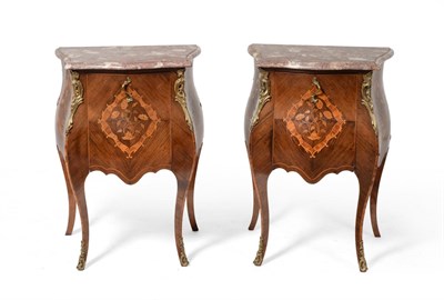 Lot 1223 - A Pair of French Louis XV Style Rosewood, Tulipwood Banded and Marquetry Inlaid Petit Commodes,...