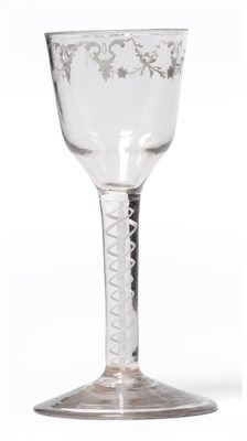 Lot 7 - A Beilby Enamelled Wine Glass, circa 1760, the ogee bowl painted in white with foliate swags on...
