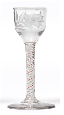 Lot 10 - An Engraved Colour Twist Wine Glass, circa 1770, the ogee bowl decorated with tulip and moth,...