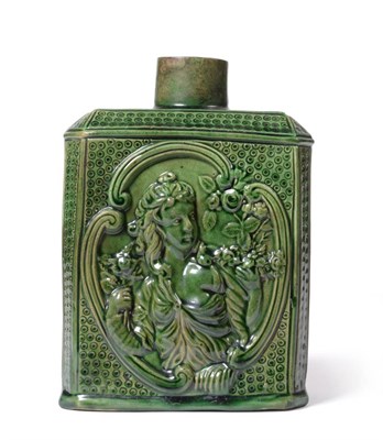 Lot 34 - A Green Glazed Pottery Tea Canister, circa 1780, of canted rectangular, moulded with half...
