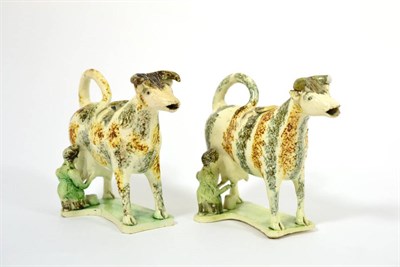 Lot 39 - A Staffordshire Creamware Cow Creamer and Cover, late 18th century, the standing beast with sponged