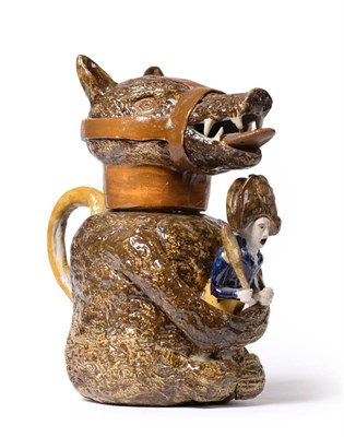 Lot 52 - A Staffordshire Pearlware Bear Jug and Cover, 19th century, the seated animal with brown...