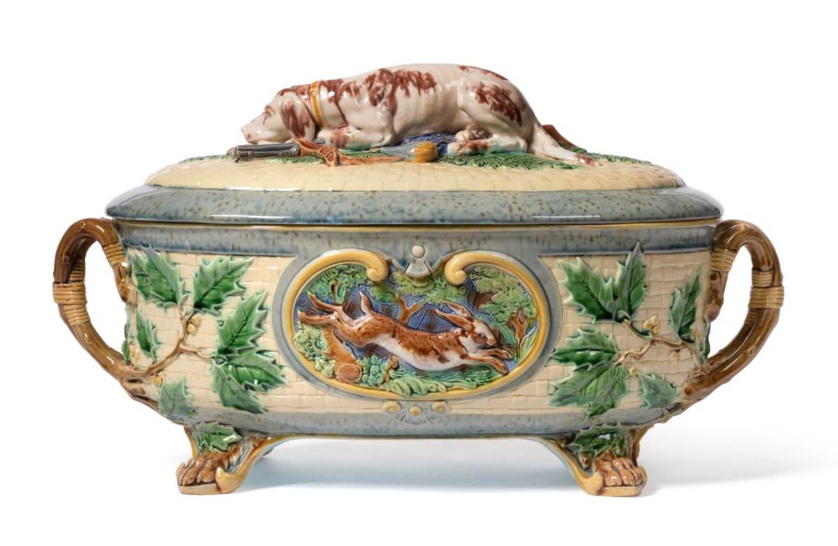 Lot 54 - A Minton Majolica Game Pie Dish, Cover and Liner, date code for 1861, the cover surmounted by a...