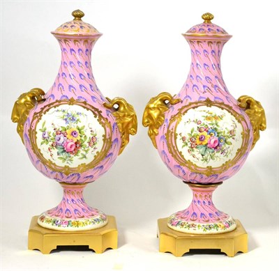 Lot 96 - A Pair of Gilt Metal Mounted Sèvres Style Porcelain Vases and Covers, early 20th century, of...