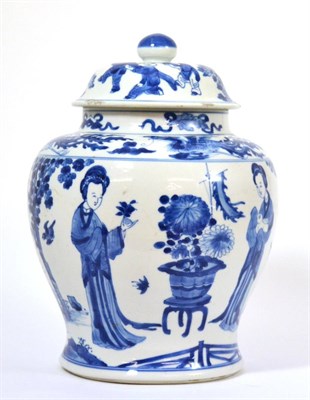 Lot 99 - A Chinese Porcelain Jar, painted in underglaze blue with maidens in a garden below a border of...