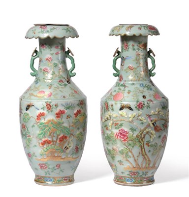 Lot 107 - A Pair of Cantonese Celadon Ground Baluster Vases, mid 19th century, the tall necks with...