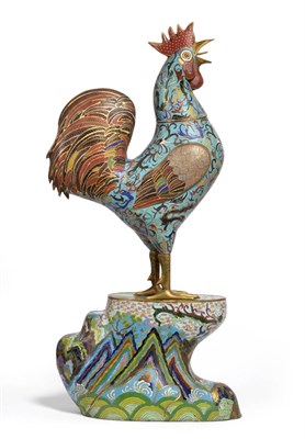 Lot 128 - A Chinese Cloisonné Enamel Large Figure of a Cockerel, standing on a rocky base, decorated...