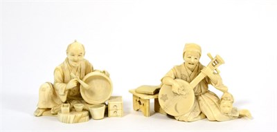 Lot 141 - A Japanese Ivory Okimono, Meiji period, as a Biwa player kneeling leaning on a table, 10.5cm...