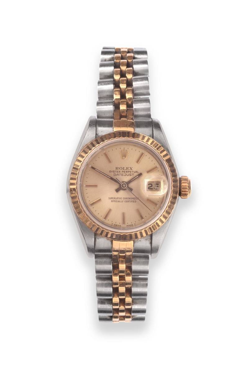 Lot 144 - A Lady's Steel and Gold Automatic Calendar Centre Seconds Wristwatch, signed Rolex, Oyster...