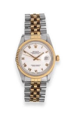 Lot 145 - A Steel and Gold Automatic Calendar Centre Seconds Wristwatch, signed Rolex, Oyster Perpetual,...