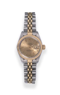 Lot 152 - A Lady's Steel and Gold Automatic Calendar Centre Seconds Wristwatch, signed Rolex, Oyster...