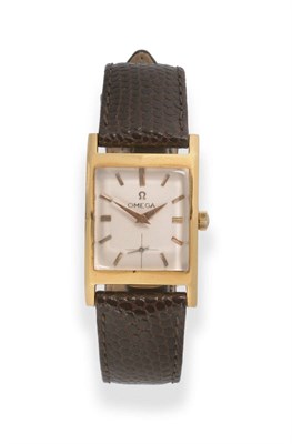 Lot 154 - An 18ct Gold Rectangular Curved Wristwatch, signed Omega, 1957, (calibre 302) lever movement signed