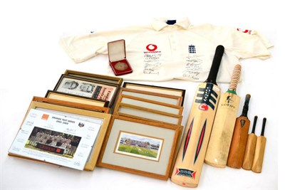 Lot 2013 - Cricket Memorabilia, including framed prints, signed shirt, signed bats, miniature bats etc
